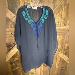 MIRACLE SUIT Kaftan Swim Cover Up Black Beaded Bodice Semi Sheer Women’s Size L